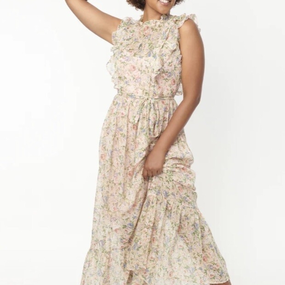 Unique Vintage Floral Midi Dress in Cream and Pink